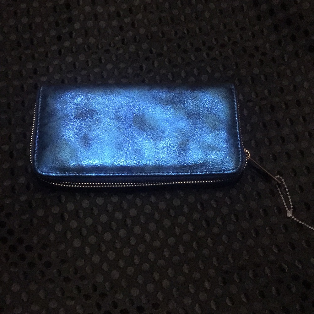 Blue metallic wallet with gold zipper